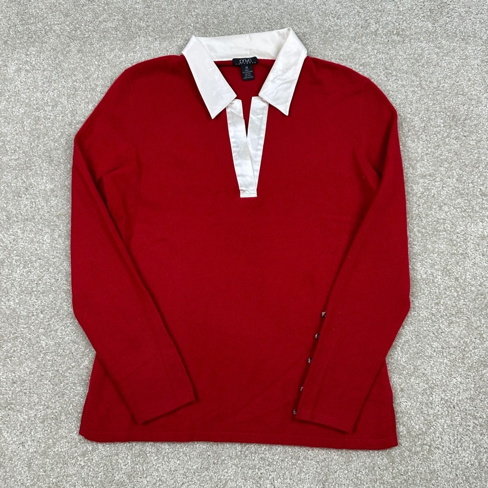 Prive Cashmere Red Silk Collar Sweater Rhinestone Button Cuff‎ Polo Pullover M